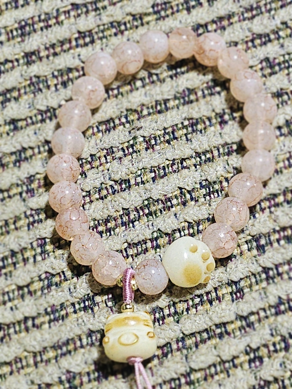 2/15$ Pink Beaded Bracelet with Ceramic Paw Charms